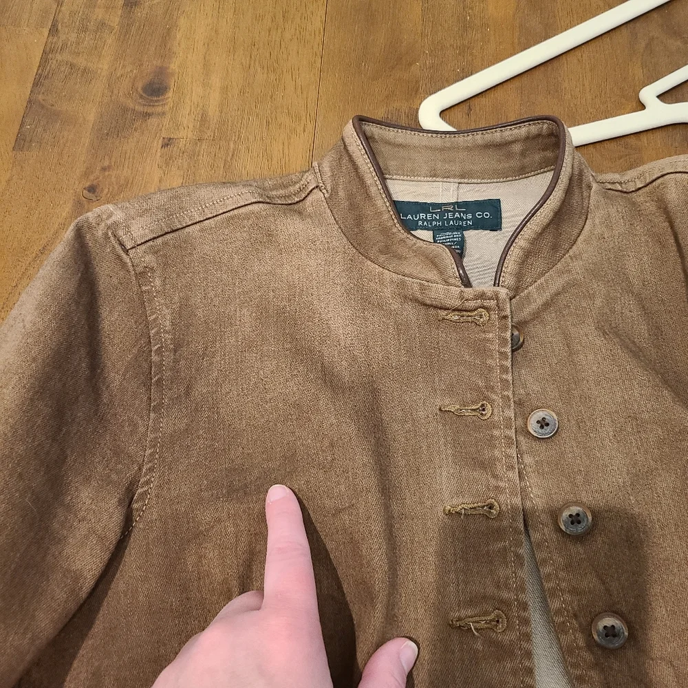 LRL Ralph Lauren Tan Button Down Military Style Sheep Leather Trim Jacket - Picture 14 of 14